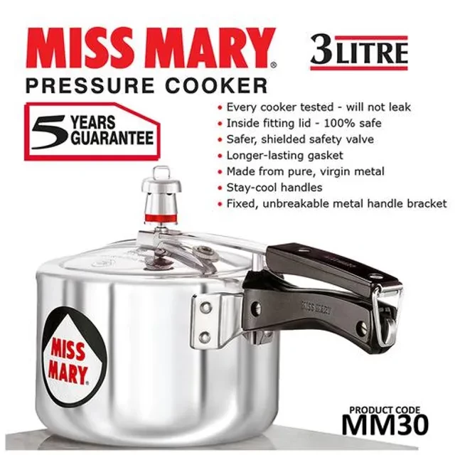 Hawkins Miss Mary Aluminium Inner Lid Pressure Cooker - With Handle, Silver, MM30, 3 l-6.webp